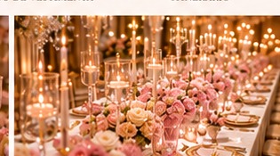 Mesa de recepción decorada con flores y velas
