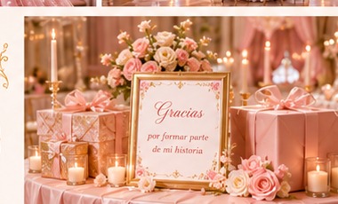 Mesa de regalos decorada en tonos rosa